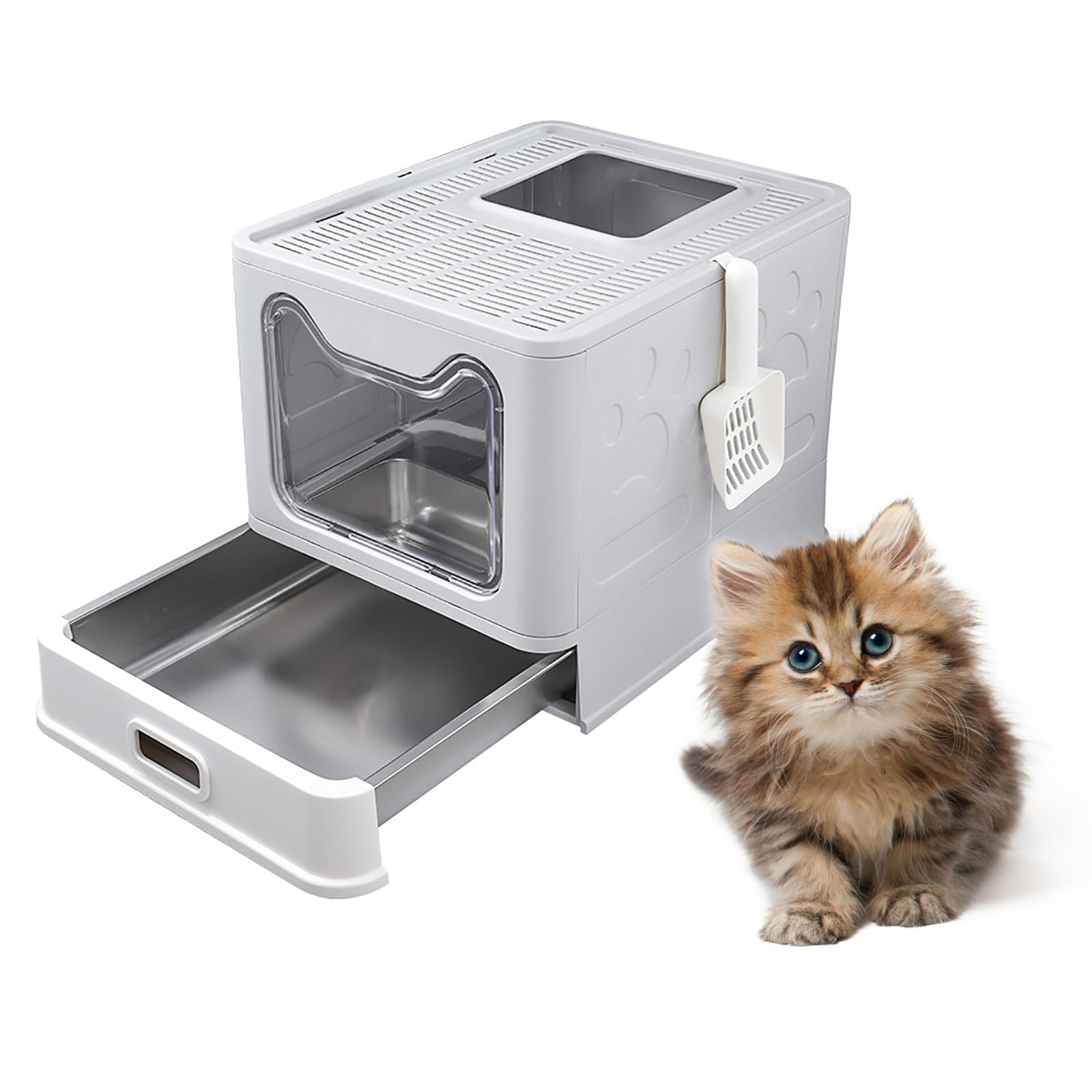 Bac à litière pour chat en acier inoxydable durable et maison de toilette fermée grise
