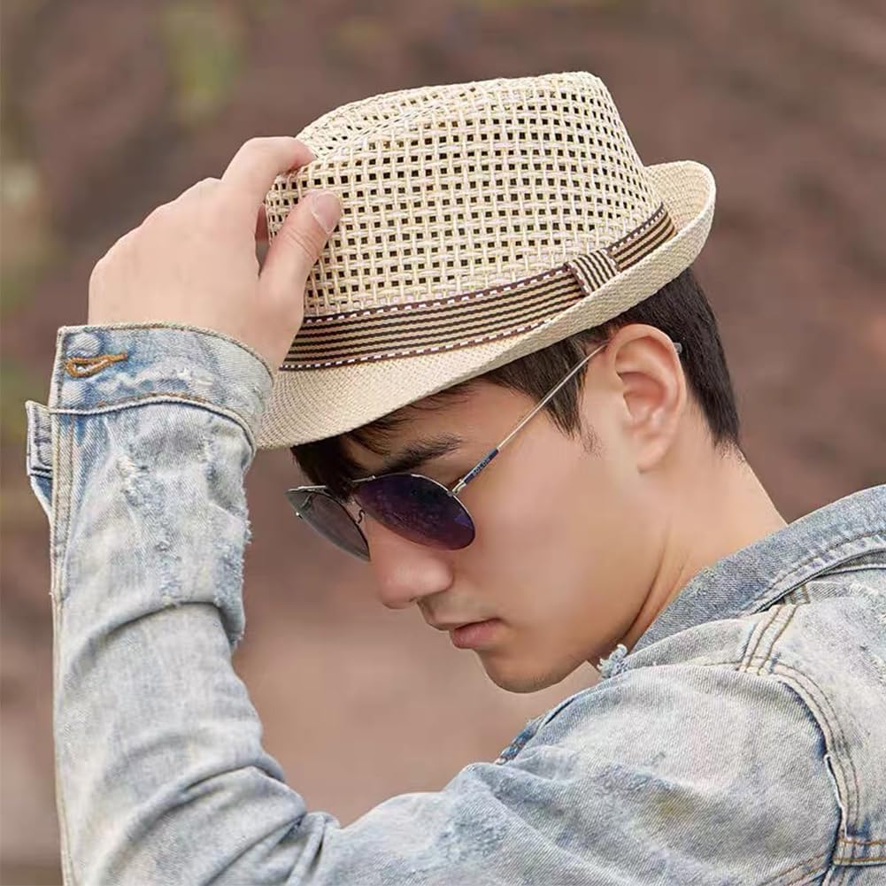 Straw Fedora Hat for Women Men Mesh Trilby Hat Panama Cuban Summer Beach Sun Outdoor