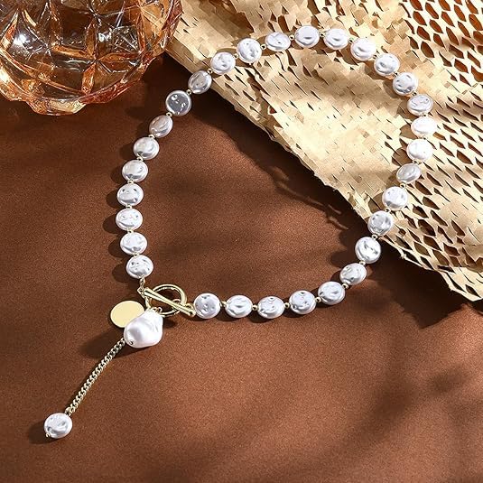 Collar en de perlas barrocas - Cadena de clip de oro combinada con perlas grandes irregulares - Estilo colgante en forma de Y