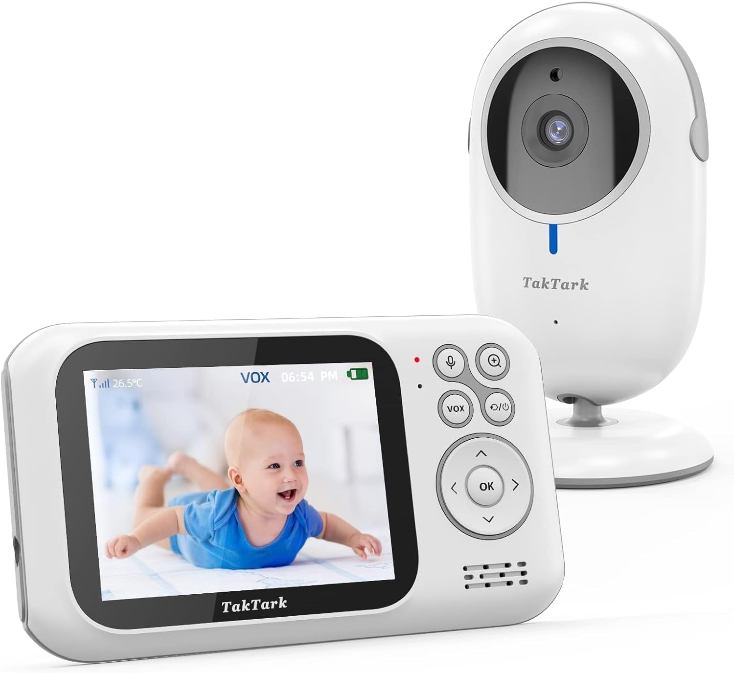 TakTark Babyphone mit Kamera, Babyfon mit 3.2'' Video Baby Monitor, Kamera und Audio Babyphone mit Zoom, VOX Funktion, Gegensprechfunktion, Nachtsicht, Temperaturüberwachung