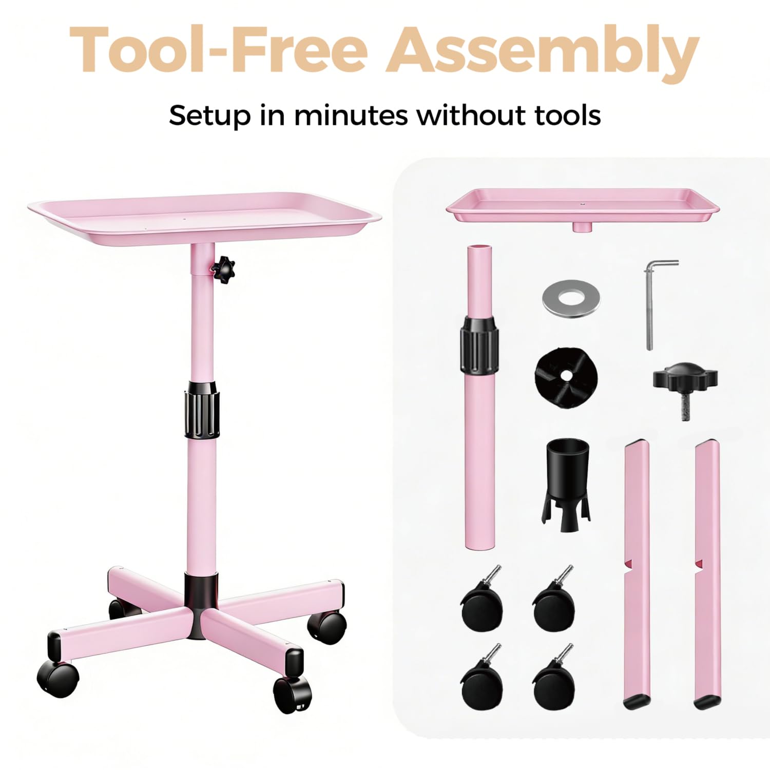 Back-Saving Salon Tray on Wheels, Adjustable Height (25-36inch) Rolling Cart for Hair Stylists, Tattoo Artists, Lash Techs—Spa Clinic Home Salon Trolley (36inch-Pink, 12.3×16inch)