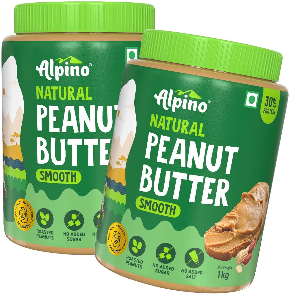 Alpino Natural Peanut Butter Smooth 2 KG | Unsweetened | Made with 100% Roasted Peanuts | 30% Protein | No Added Sugar | No Added Salt | No Hydrogenated Oils | Non GMO | Gluten Free | Vegan | 1 KG Pack of 2