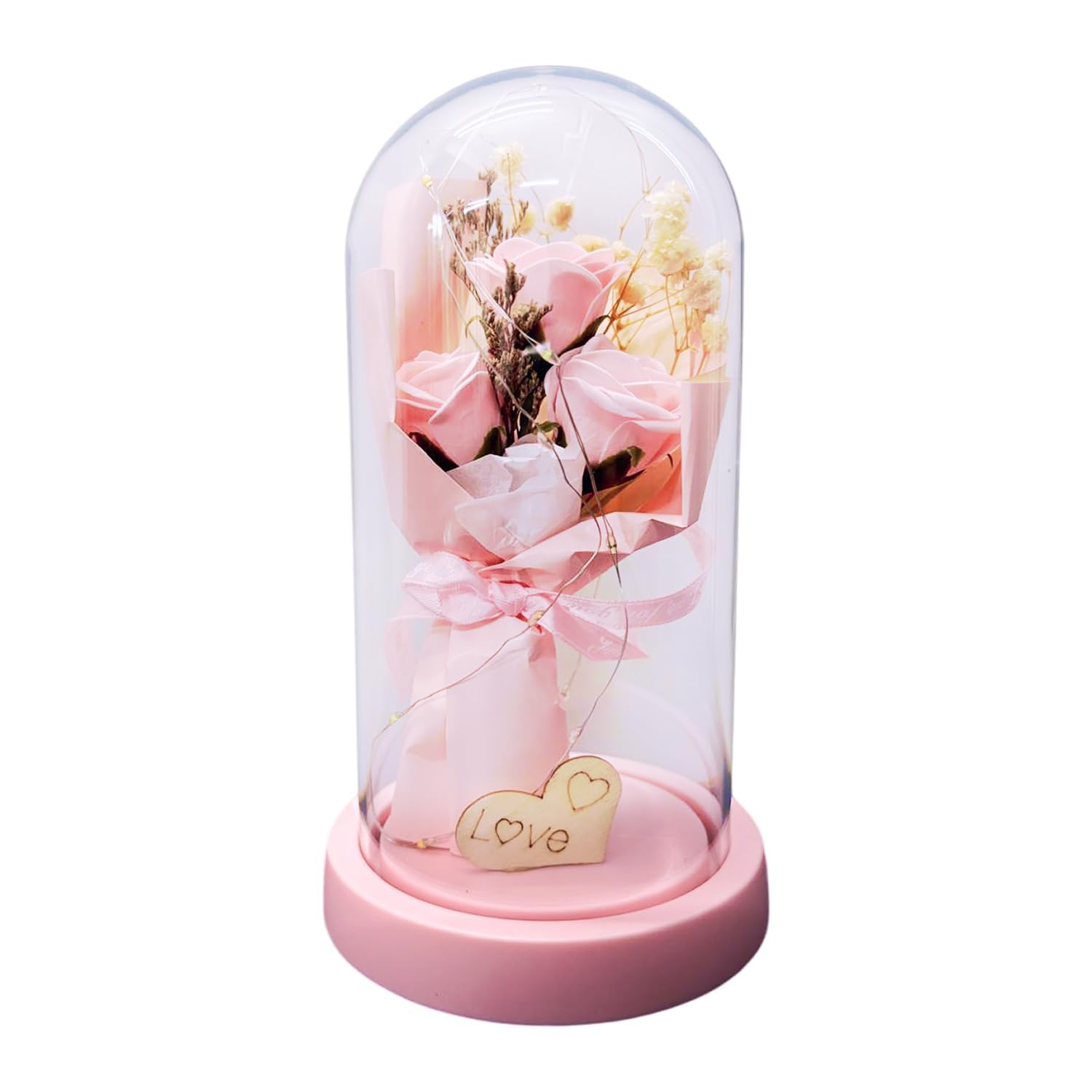 Pink Forever Rose in Glass Dome LED Rose Lamp Preserved Rose Flower Birthday Anniversary Mothers Thanksgiving Christmas Gift for Mom Wife Grandma (Roses Bouquet)-image-17