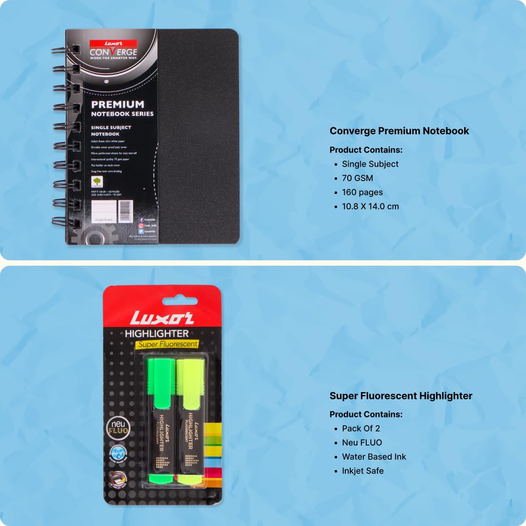 Luxor Schulanfangsset – eine langlebige Geometriebox, glatte Kugelschreiber, Druckbleistift, stabiles Premium-Notizbuch, lebendige super fluoreszierende Textmarker – ein komplettes Set für Schüler