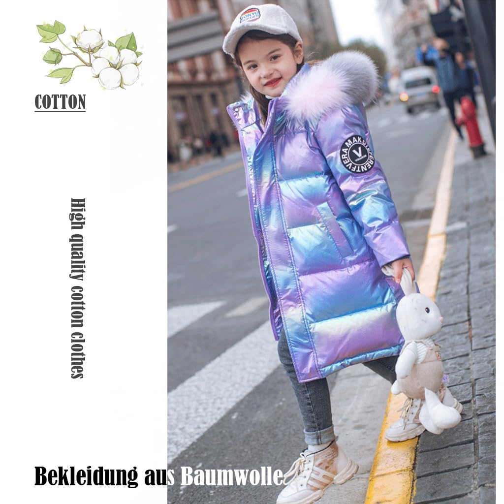 linboo Fille Manteau Longue Doudoune Chaud Veste Enfant Hiver Epais Blouson à Capuche Fourrure Matelassé Parka Lumineux
