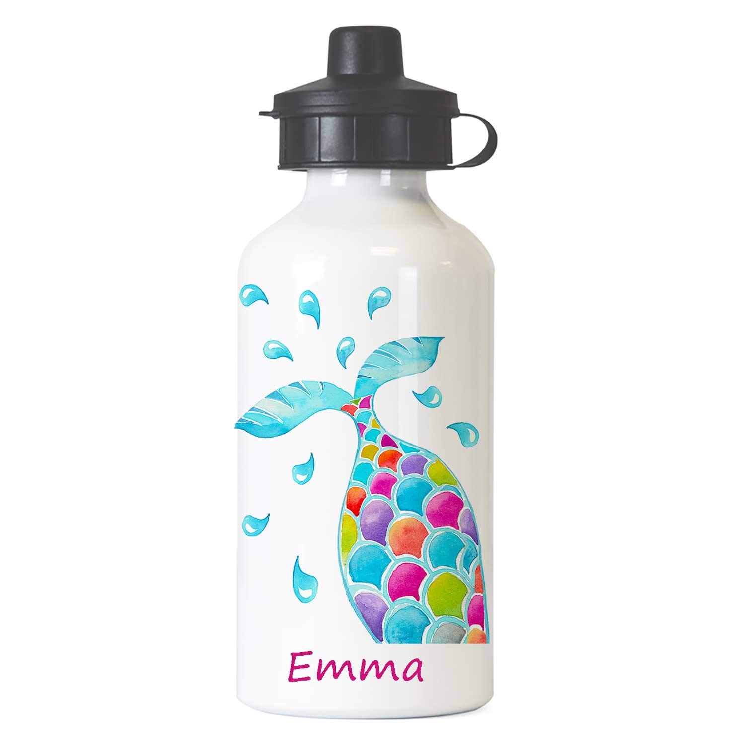 Tigerlilyprints Personalised Girl School Sports Bottle- Unicorn Butterfly Kids Water Bottle, Nursery, travel. 400ml, 2 cap fittings more Designs. (Mermaid Tale) โ image 1