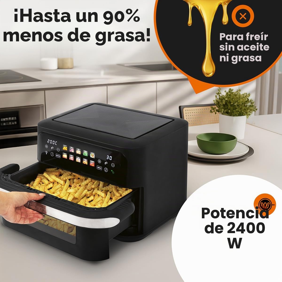 Freidora de aire caliente ProfiCook® XXL | 10 litros | Sin aceite ni grasa | Pantalla táctil | Freidora de aire caliente de 2400 W | 2 compartimentos | 10 programas | 80-200 °C | PC FR 1313 H