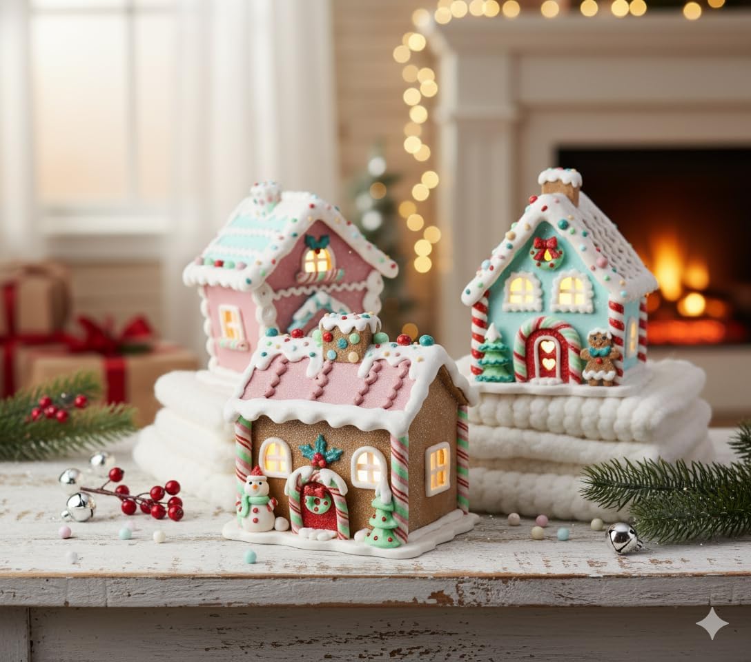 Regency International LED Pastel Gingerbread House Set, Set of 3, 5-Inch