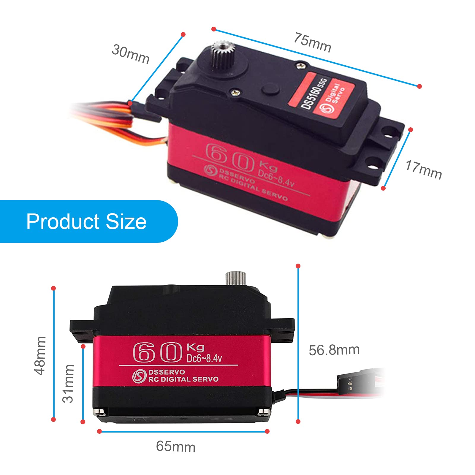 RUIZHI 60KG RC Digital Servo DS5160 Metal Gear Coppia Elevata Impermeabileper High Torque Servo per 1/5 Redcat HPI Baja 5B SS RC Auto compatibile SAVOX-0236 LOSI XL 5T (180 °)