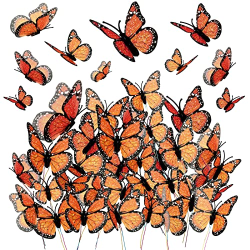 Waydress 48 Pieces Halloween Monarch Butterfly Decorations 3 Size Artificial Monarch Butterflies Wall Decor 3D Butterfly Wings Wall Art with Wires for Fall Wedding Home Bedroom Wall Decorations