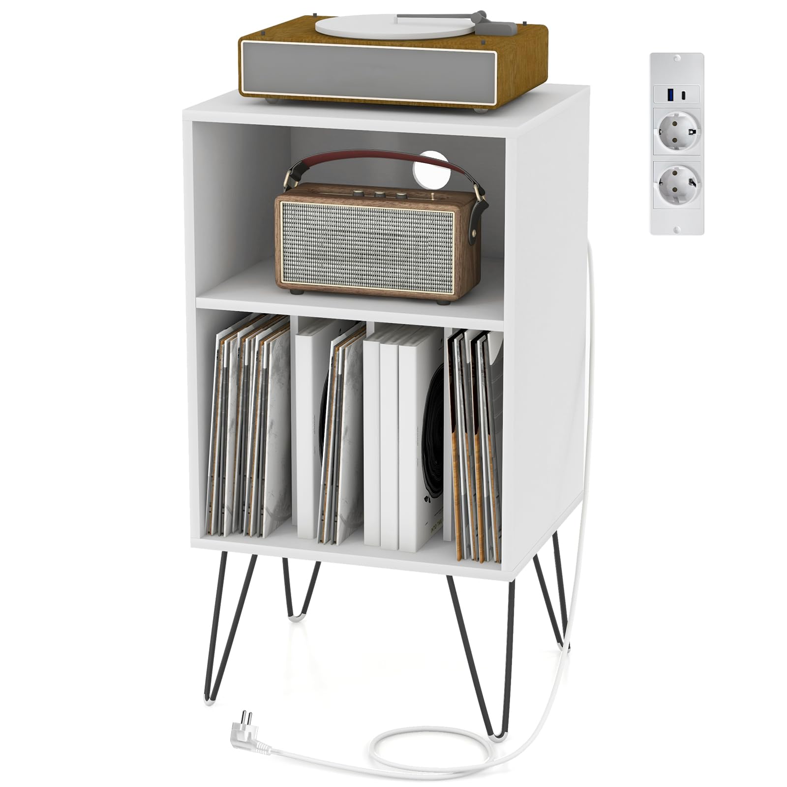 GOPLUS Table d'Appoint avec Station de Charge USB Type C, Armoire de Rangement, Bout de Canapé Bureau,Salon avec Pieds en Métal, 5 Etagère de Rangement Dossier Vinyle, 48 x 40 x 88CM (Blanc)