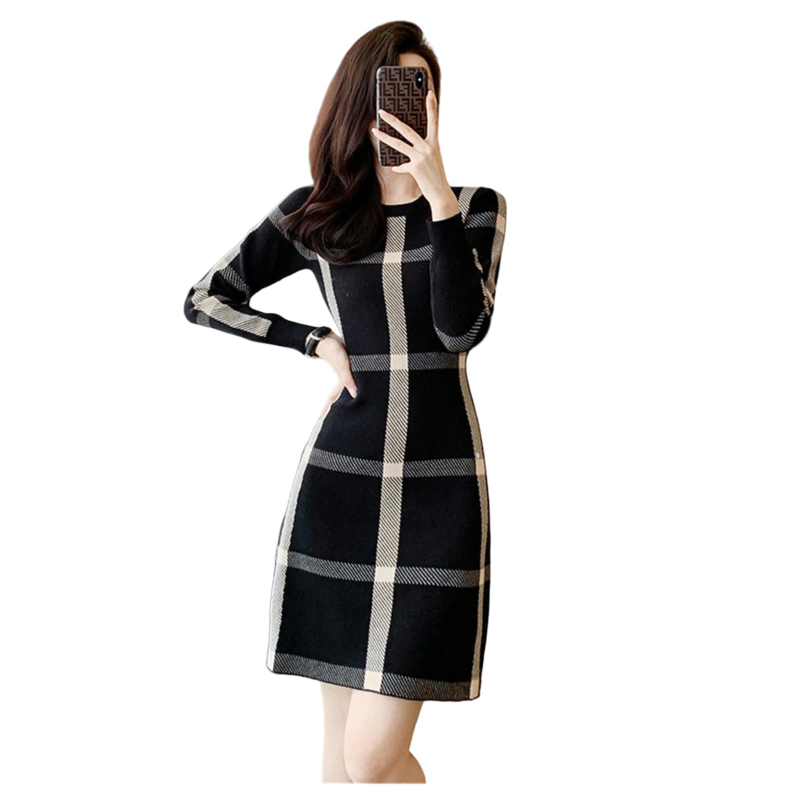Vestito Donna Autunno Abito in Maglia Scozzese da Donna Autunnale A Maniche Lunghe A Vita Alta con Gonna A Trapezio con Scollo Tondo-Nero-m
