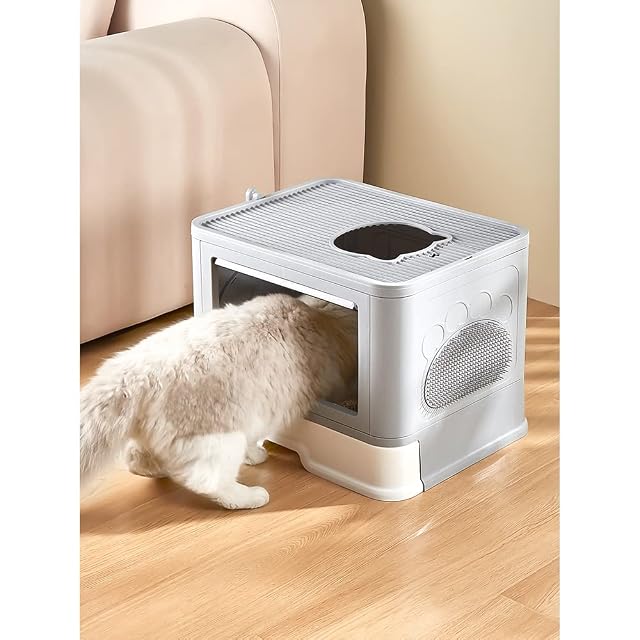 Foto 4 de 8 de Bandeja de arena cerrada para gato, casa de baño, bandeja extraíble, pala, cepillo, para gato grande