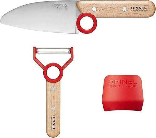 Miniatura 4 de Opinel Le Petit Chef Complete 3 Piece Kitchen Set, Chef Knife with Rounded Tip, Fingers Guard, Peeler, For Children and Teaching Food Prep and Rojo