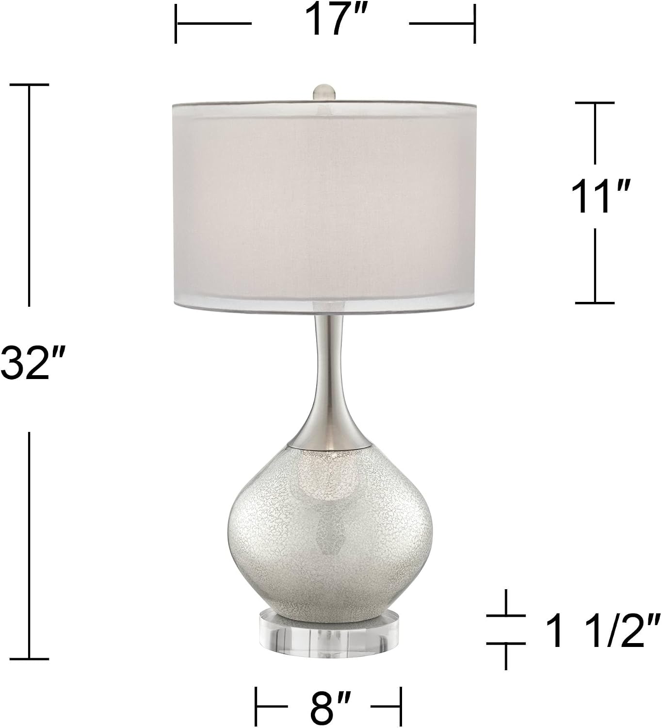 Possini Euro Design Swift Modern Table Lamp 32" Tall with USB Dimmer Round Riser Mercury Glass Chrome Neck Double Drum Shade for Bedroom Living Room House Bedside Nightstand Office Entryway Family