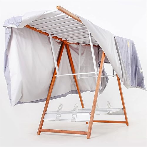 Miniatura 4 de Tendedero plegable nórdico moderno minimalista de aleación de aluminio de 2 capas, de piso a techo, plegable en forma de ala, de grano de madera,