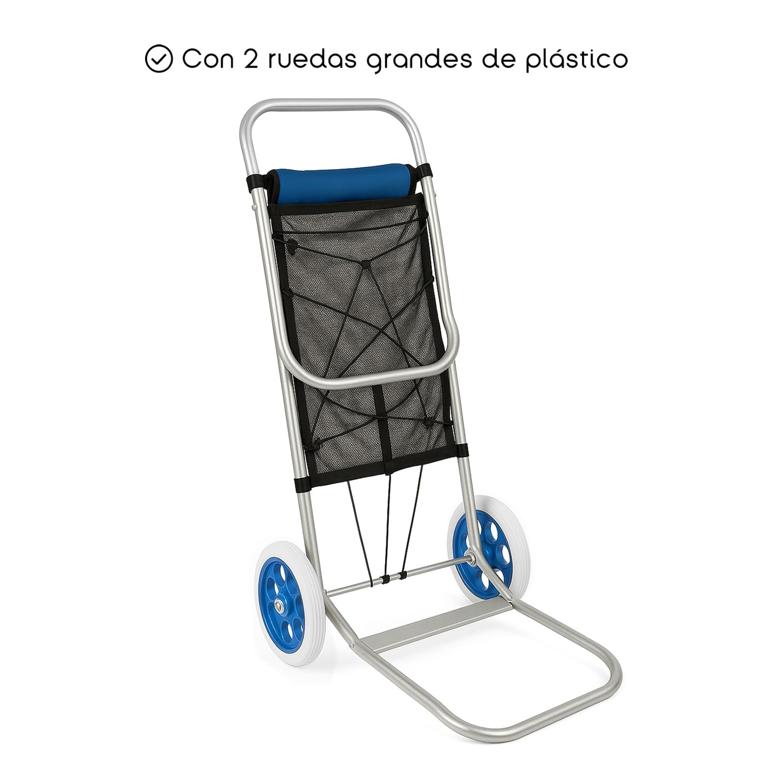 TIENDA EURASIA – Carro Playa | Plegable | con 2 Ruedas Giratorias | Estructura de Aluminio | Plateado y Azul | Convertible en Mesa y Portasillas | 50x48x105 cm | Incluye Neceser y Rejilla
