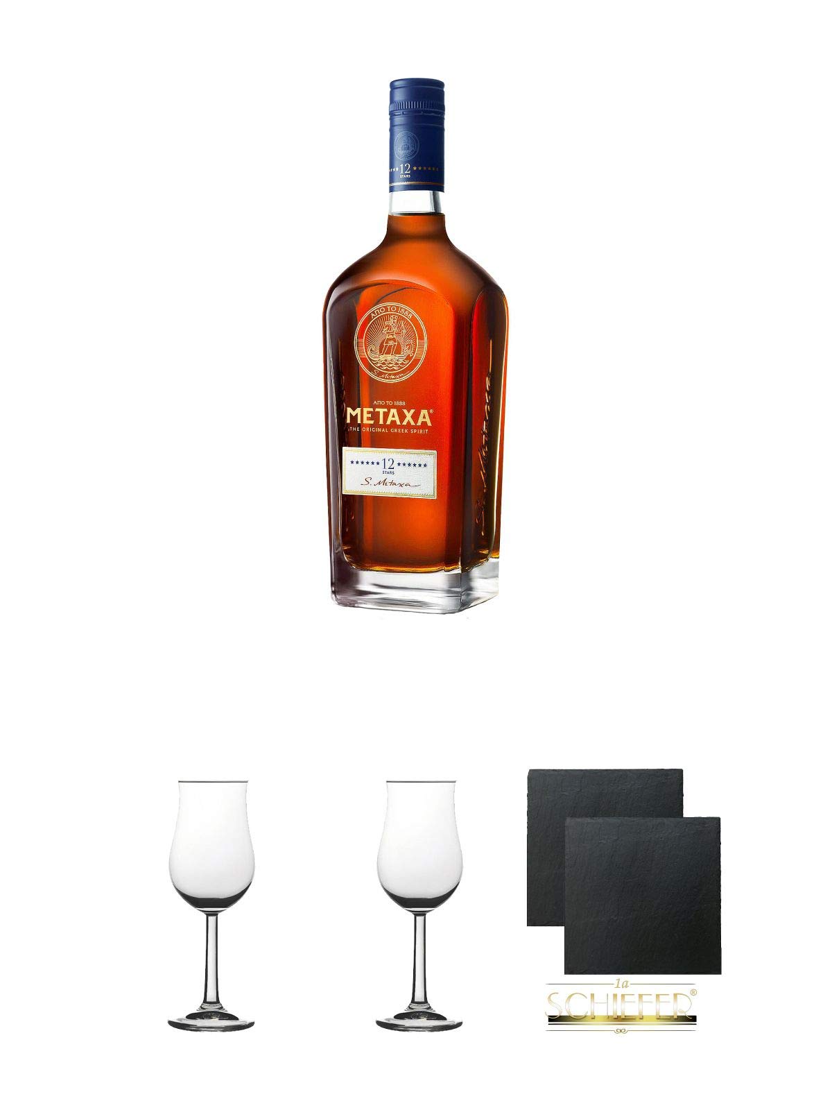 Metaxa 12* Sterne 12 Jahre alt 0,7 Liter + 2 Bugatti Nosing Gläser mit Eichstrich 2cl und 4cl + 2 Schiefer Glasuntersetzer eckig ca. 9,5 cm Ø