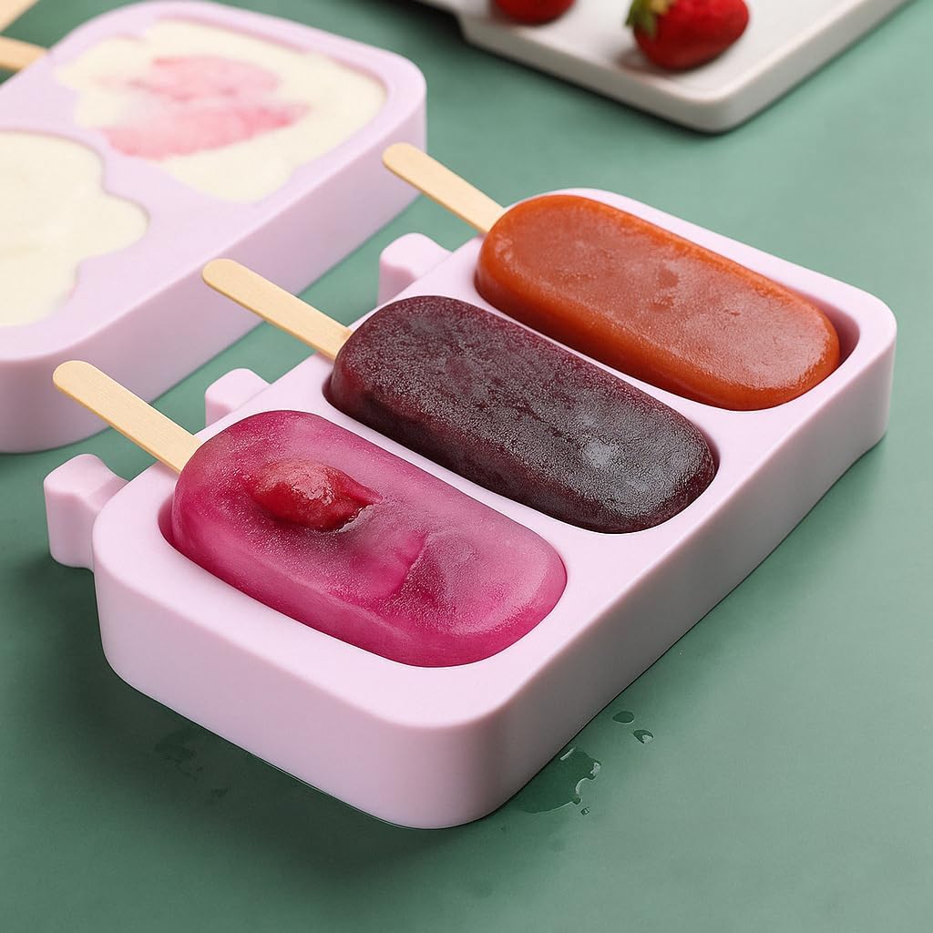 Kit 2 Formas Sorvete Picole Caseiro Silicone Com 3 Cavidades Tampa 100 palitos