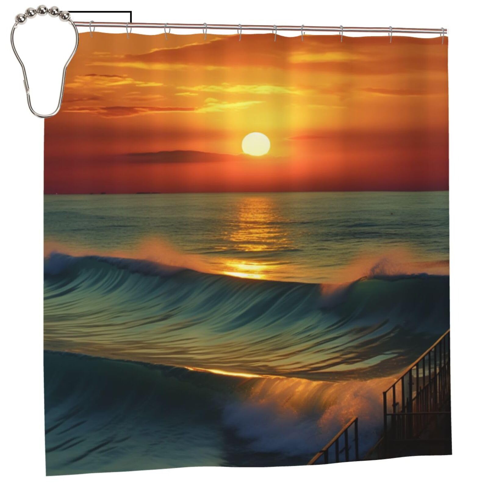 BWWHCCTI Sunset Seaside Printed Shower Curtain With 12 Iron Hooks Opaque Quick Drying Waterproof Shower Curtains Sets For Bathroom 183x183 CM