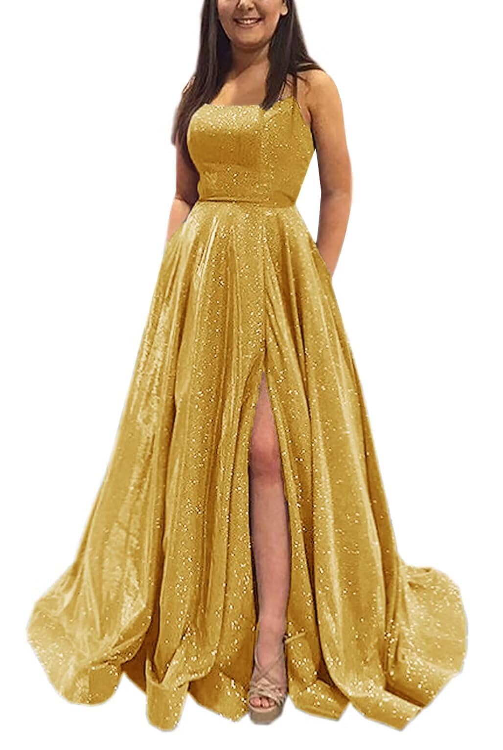 yinyyinhs Spaghetti Straps Prom Dresses Long for Women 2026 A Line Sequin Satin Formal Evening Party Ball Gowns with Slit