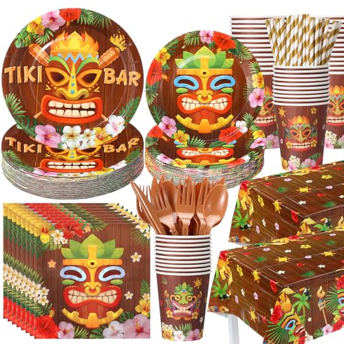 Image of Funnymoom 452 Pcs Hawaiian Tiki Party Decorations Include Tiki Paper Plates Napkins Cups Tablecloth Cutlery Straws Hawaii Luau Party Supplies for Tropical Birthday Party Decorations