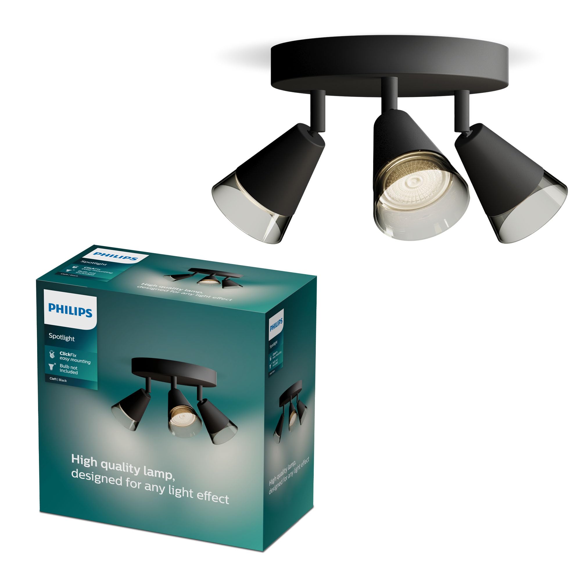 PHILIPS Cleft Spot 3-Head on Round plale, GU10 not Included, Black, IP20
