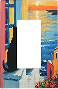 Decorative Outlet Covers Vintage Oil Painting Style Black Cat Sea Flowers 1 Gang Single Decora GFCI Device Light Switch Covers Plate 1 Rocker Wall Plate Jumbo Faceplate for Home Decor