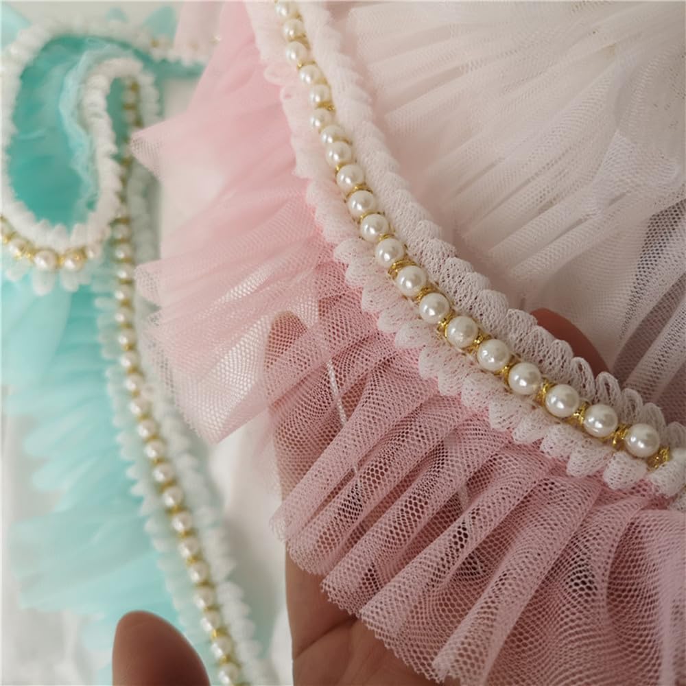 2 Yard Ruffled Beads Lace Edge Trims Chiffon Ribbon Tulle Pleated Pearl Lace Trimming for Doll Making Wedding Cake Tulle Dress Gown Design (Pink) - Image 2