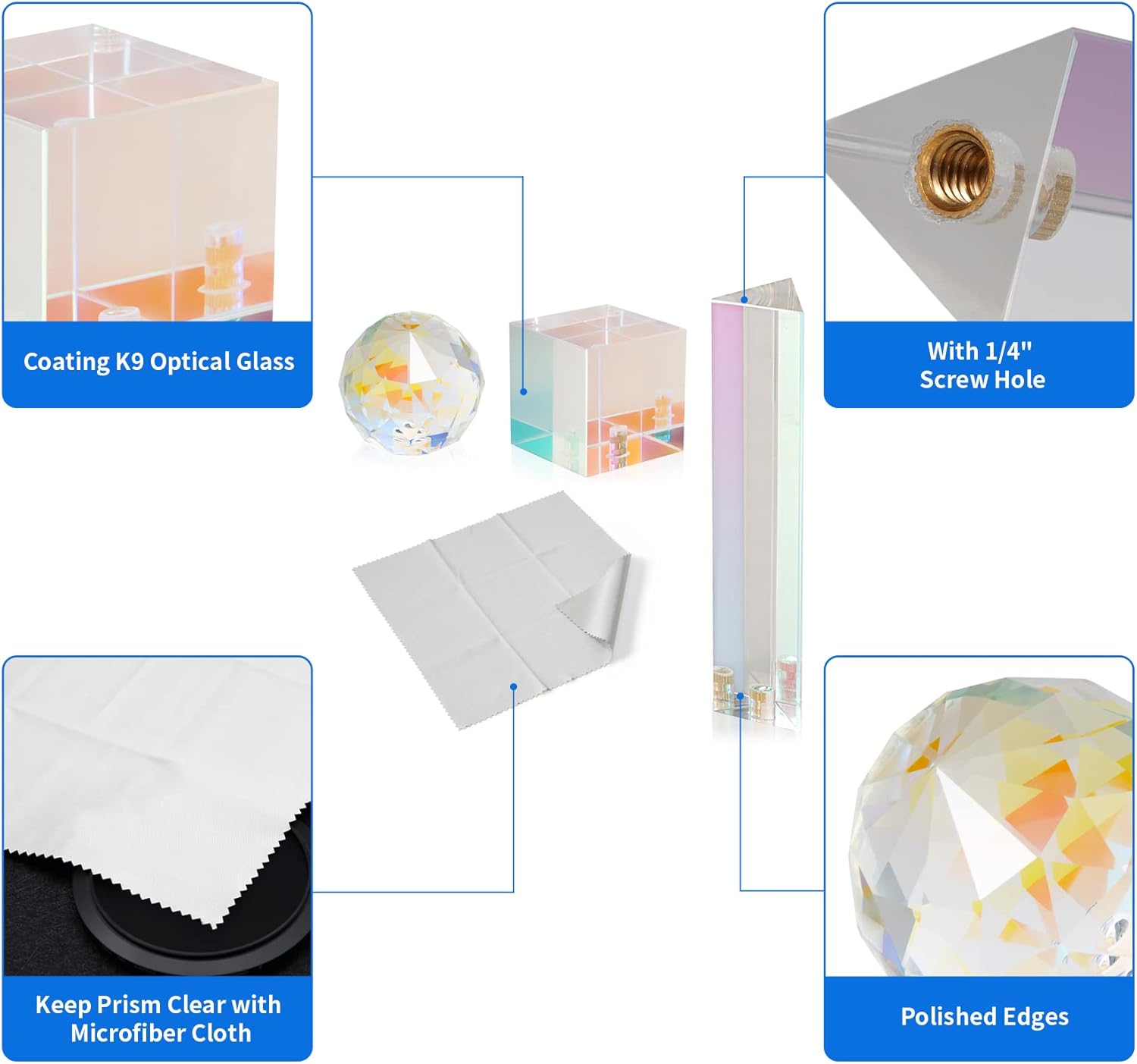 Meking Optical Prism Set, Triangular Prism Crystal Glass Cube for Teaching Light Spectrum Physics, Lens Photography Studio Shooting