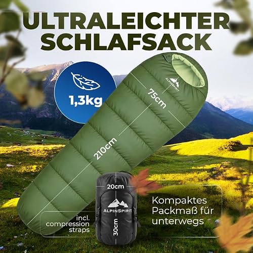 AlpinSpirit Schlafsack [Ultraleicht] 3 Jahreszeiten Sommer & Winter, kleines Packmaß, Komfort, 210x75 cm, leicht & kompakt für Outdoor, Camping, Hiking & Festival, Mumienschlafsack