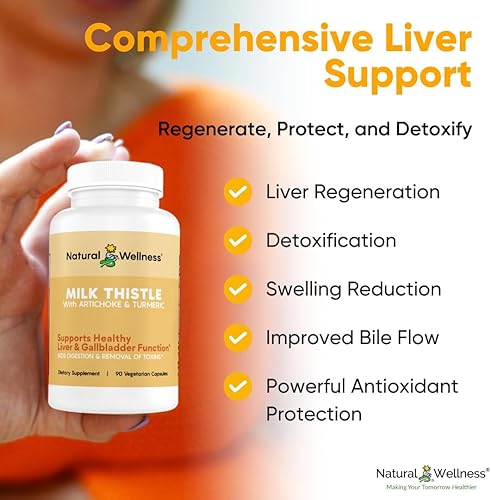 Miniatura 4 de Natural Wellness Cardo mariano con alcachofa y cúrcuma - Suplemento avanzado de apoyo hepático para desintoxicación, regeneración y protección