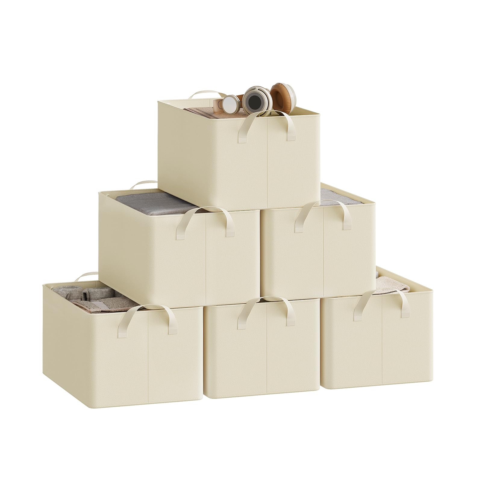 Woltu Cream Set Of 6 Foldable Storage Boxes, Fabric Storage Baskets With Handles, Wardrobe Storage Organisers, Clothes Storage Boxes For Shelves, 37.5X26x20cm
