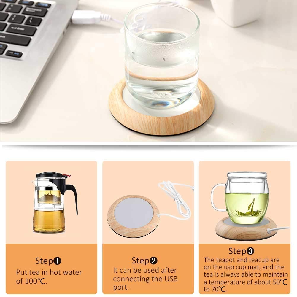 USB Isolation Coasters Creative Grain Tasse Chaleur Boisson Tasse Mat Réchauffeur Bureau Thé Lait Café Feutre Chauffe Pad Coaster(Grain en Bois Lumineux)