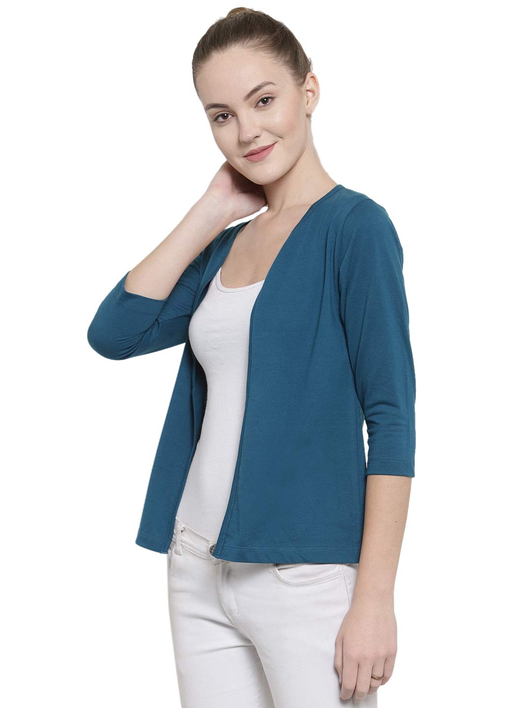 kalt Women's 3/4th Sleeves Open Plain Shrug(Teal)-picture-17