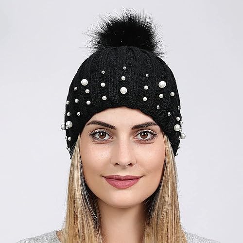 Vista 3 de Topwon Gorro de invierno para mujer con pompón de punto de cráneo, gorro de perlas de moda, gorro cálido