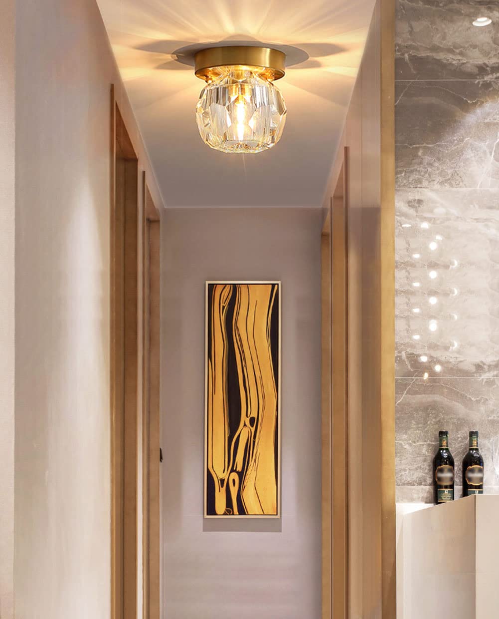 Moderne Deckenleuchte mit Messingsockel 1-Licht Eingang K9 Kristallglas Deckenlampe Schlafzimmer Einfache Deckenleuchten für Veranda Flur Foyer Wohnzimmer Esszimmer Küche