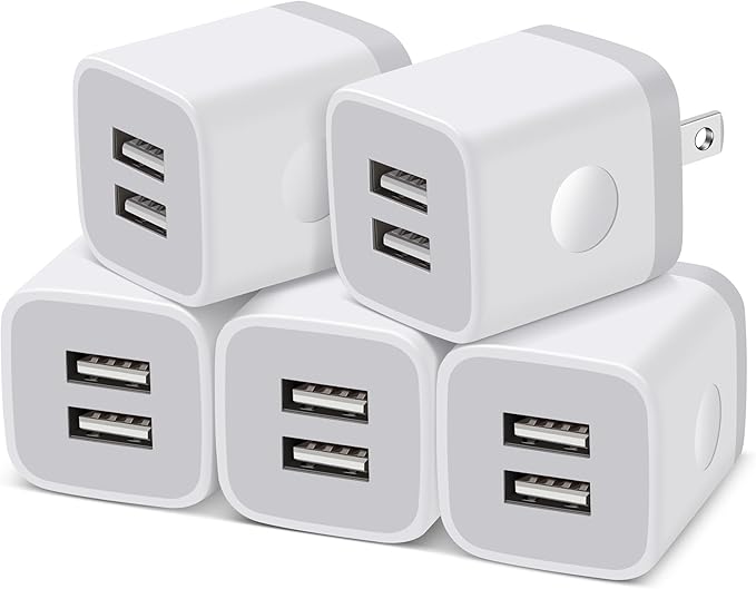 USB Charger Block, 5-Pack 2.1A Dual Port USB Rapid Wall Charger Plug Cube Power Adapter Charging Box Brick for iPhone 14/13/12/11/Pro Max/SE/XS/XR/X/8/7/6 Plus, Samsung S23 S22 S21, Moto, LG, Android