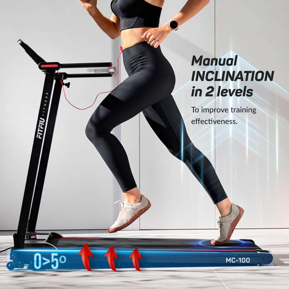 Treadmill showing manual incline adjustment mechanism