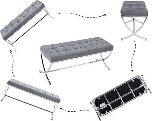 Miniatura 5 de CIMOTA Moderno banco de entrada de terciopelo tapizado con botones y base de metal, elegante banco otomano para entrada, sala de estar, dormitorio,