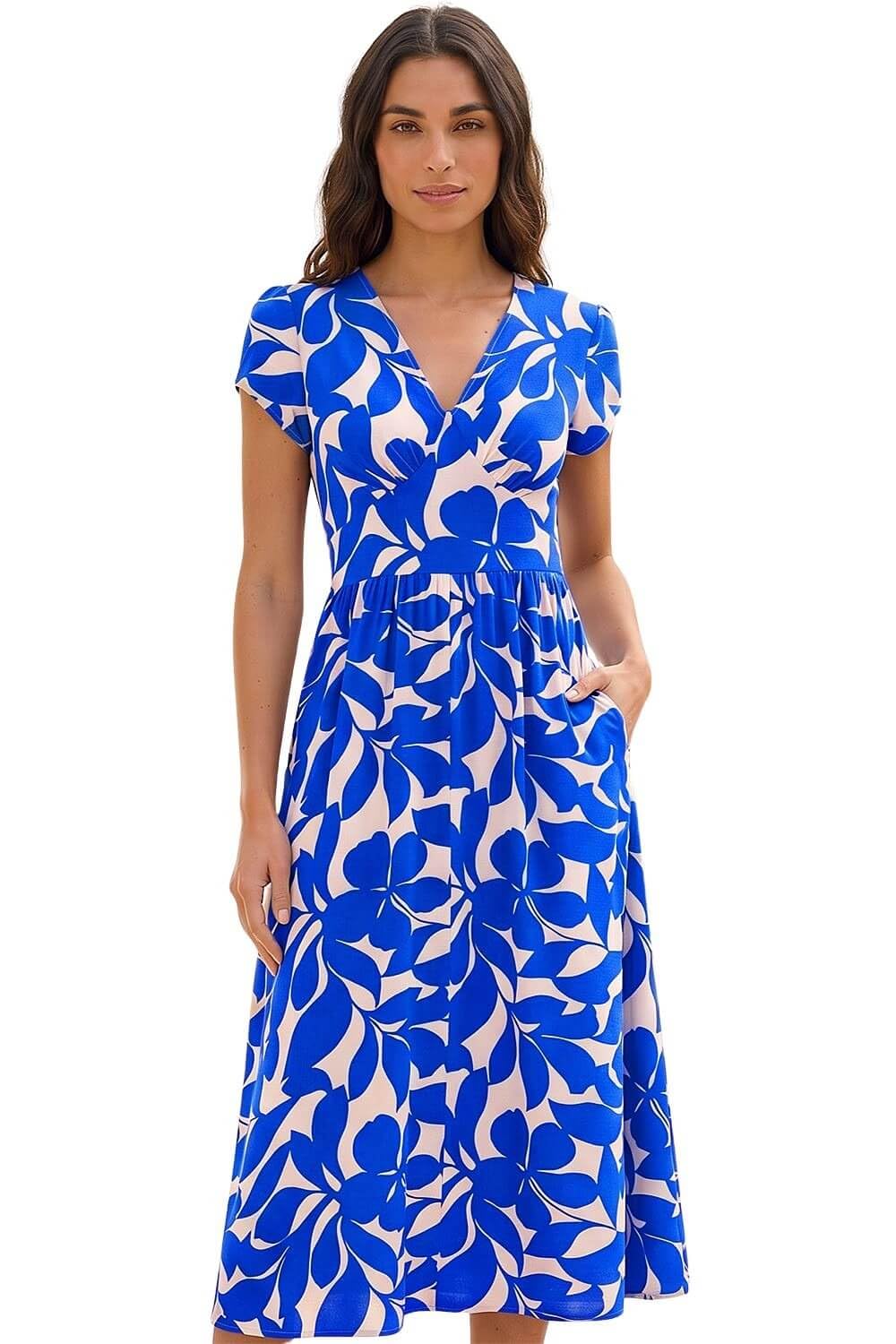 Roman Women's Royal Leaf Print V-Neck Midi Dress In | Size: 12