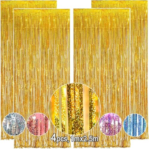 OEMG Cortinas de Espumillón 4 Pack Metálicas de Oropel Streamer Dorada Telón de Fondo Cortina de Borla Fringe Cortina de Brillo para Decoraciones Boda Fiesta de Cumpleaños Navidad (1X2,5m)