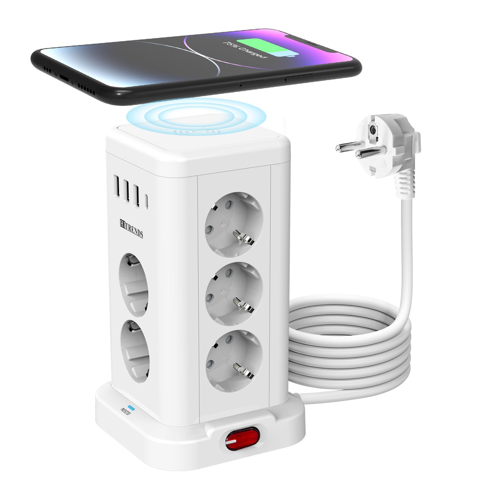 11 Fach Steckdosenturm mit Wireless Charger | Überspannungsschutz, Schalter |16A 3680W | Steckdosenleiste (11 Schuko + 4 USB) | Mehrfachsteckdose mit Verlängerungskabel 2m | für Büro, Weiß
