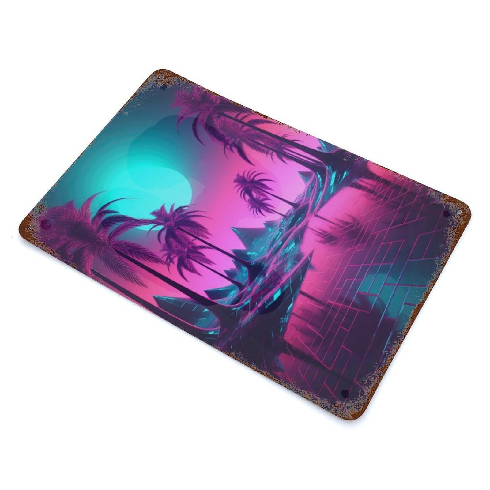 Surreal Synthwave Night Vintage Wall Sign 11.8"x7.9", Rust Effect Metal Decor for Farmhouse, Kitchen And Entryway Decor