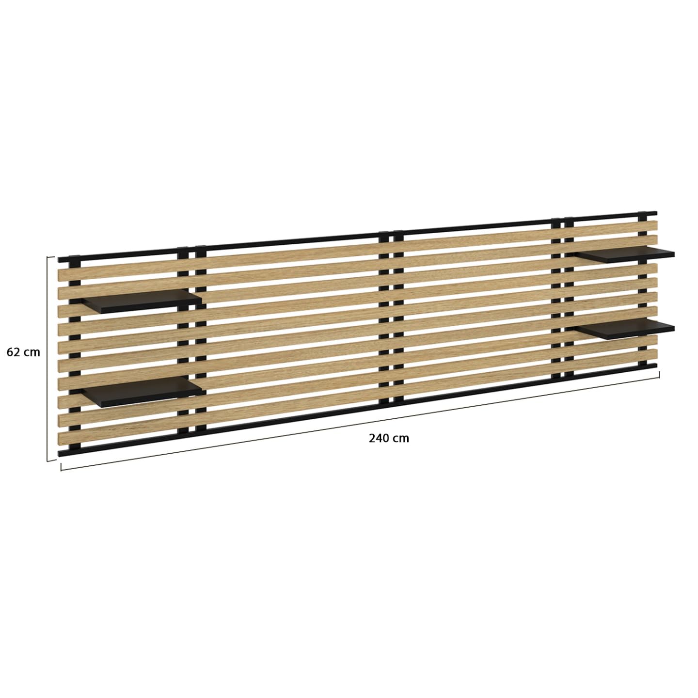 IDMarket - Tête de lit Suspendue en Lattes Detroit 240 cm Bois et métal Noir avec étagères Design Industriel