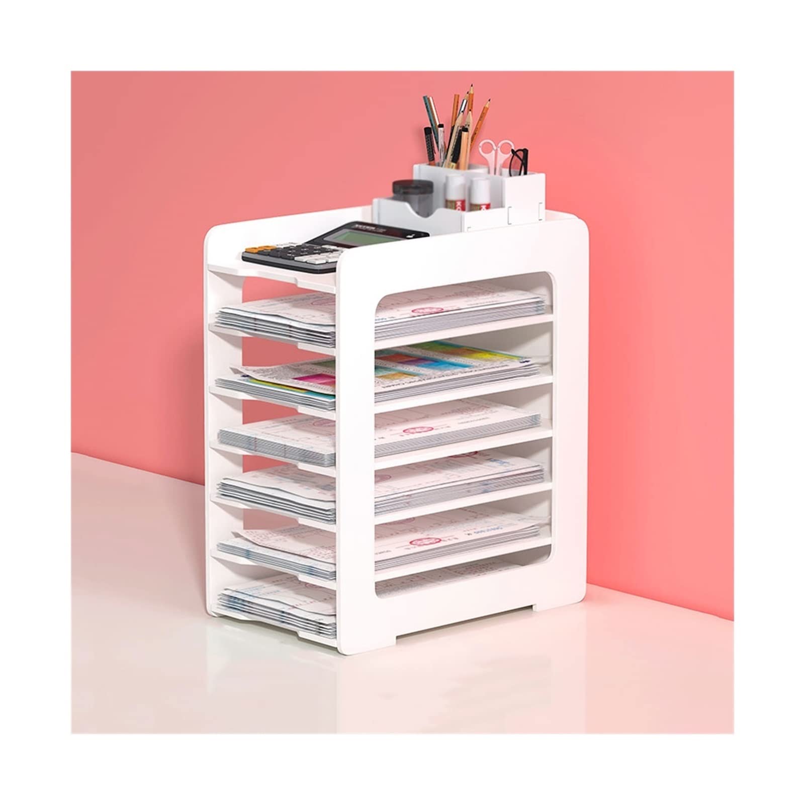TOMYEUS Rastrelliere di File Scatola di archiviazione Documento Documento Ricevuta Classificazione Desk Rack Desktop Organizer File Rack 7 Strati Bianco Grande capacità Stoccaggio da scrivania