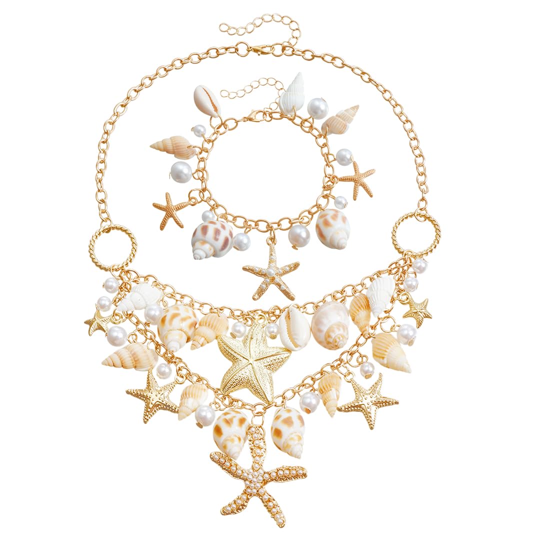 Juego de joyas de disfraz de sirena para mujer, accesorios de disfraz de sirena, estrella de mar, caracola, concha, collar, pulsera, perlas, estrella de mar, aretes de clip para el pel(A)