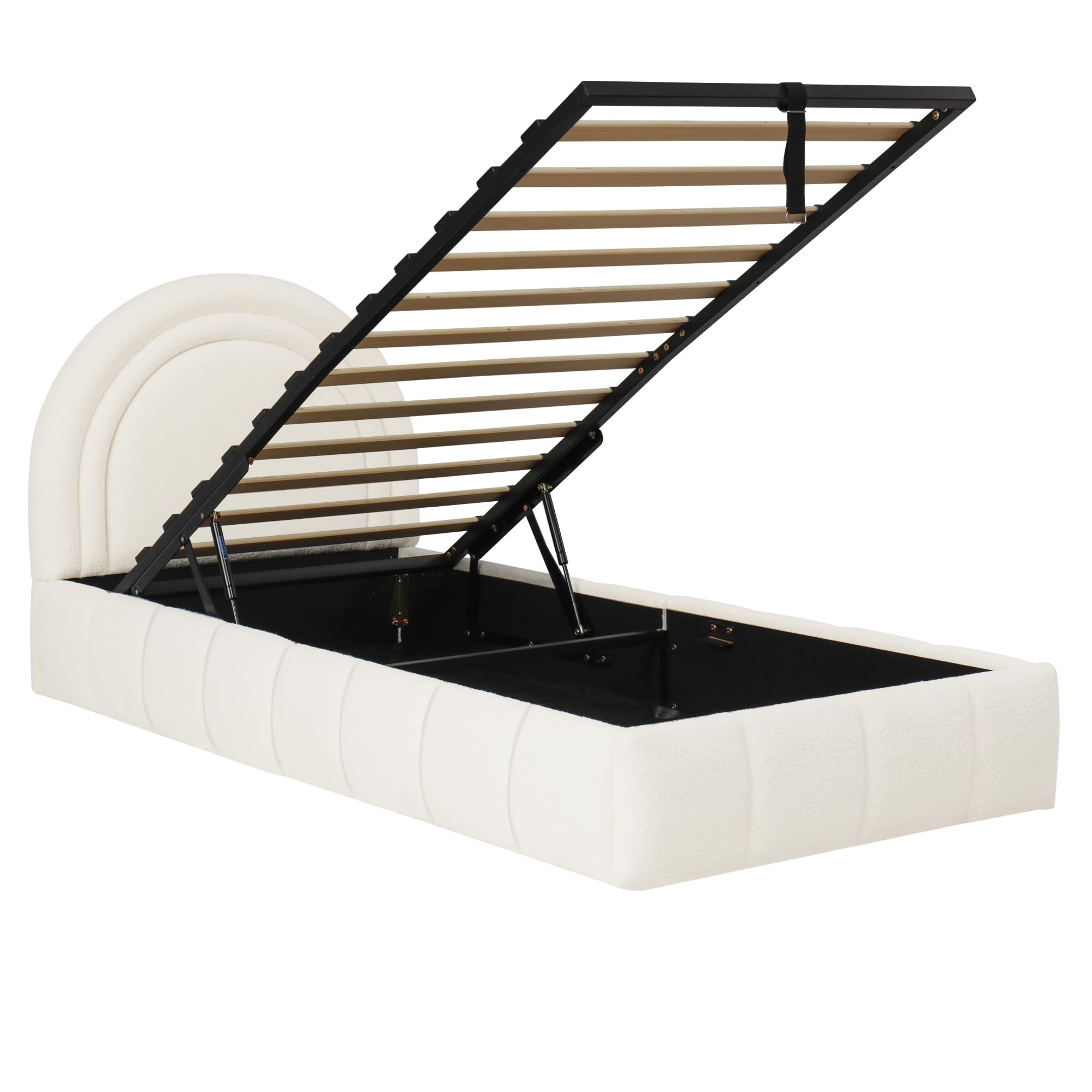 Cama tapizada, cama individual de 90 x 200 cm, cama funcional hidráulica, cama con somier, cabecero y gran espacio de almacenamiento, cabecero acolchado, bouclé, beige