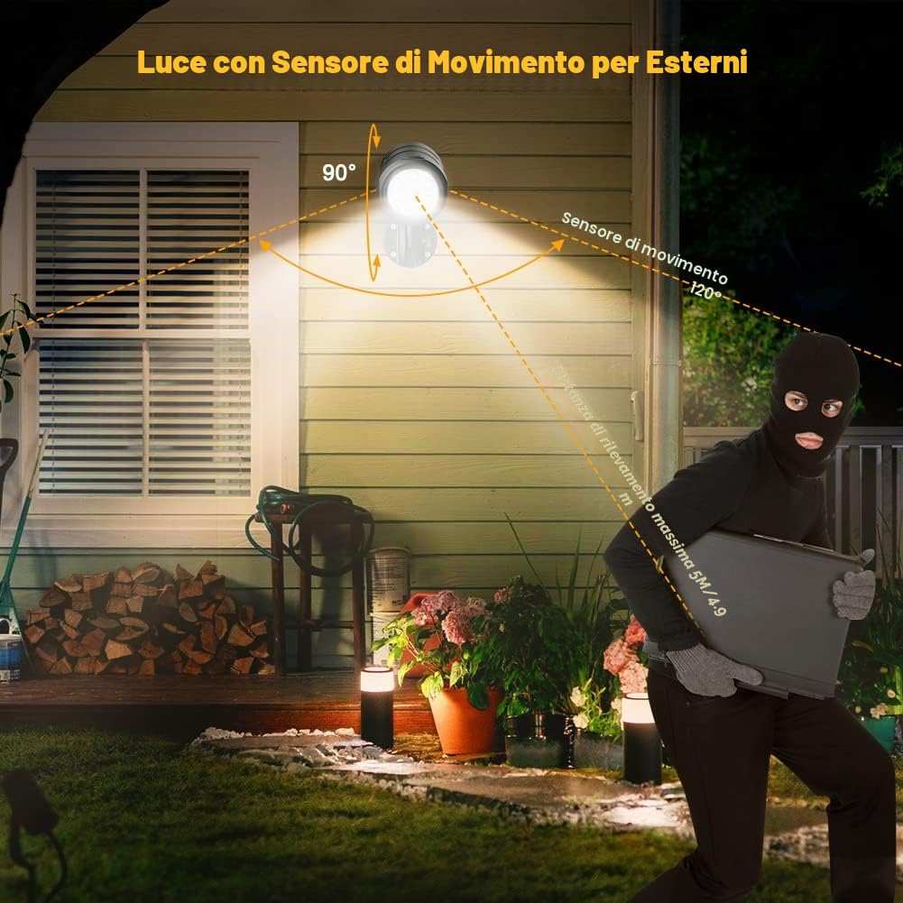 Luci di sicurezza per esterni con sensore di movimento, faretti PIR da 6 LED 1000 lumen senza fili con telecomando, faro anti-intrusione IP65 impermeabile da 6000K per garage, cortile