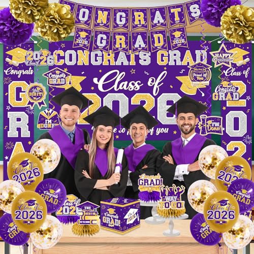 Image of Graduation Decorations Class of 2026 Purple and Gold Graduation Decorations with Congrats Grad Banner,Backdrop,Porch Sign,Balloons,Hanging Swirls,Honeycomb Centerpieces,Box for Graduation Party Decor